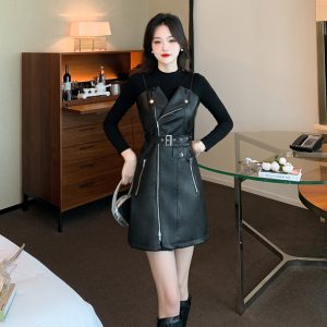2025 Autumn Winter New PU Leather Strap Zipper Fashionable Elegant Dress Two-Piece Set 8760