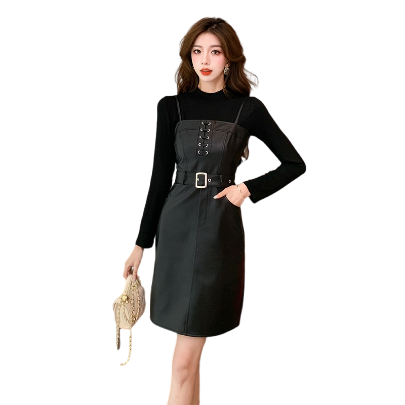 Women's Two-Piece Skirt Set 2025 Fall PU Leather Cami Dress and Long Sleeve Top 5803 - Image 5