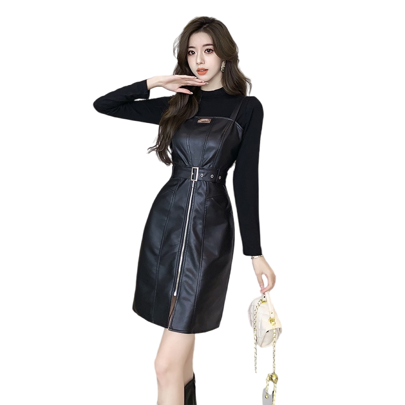 PU Leather Cami Dress and Top Two-Piece Set High Waist Slimming Korean Style 5826 - Image 5