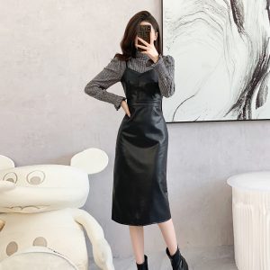 Black Sling Leather Dress Women Slimming French Style PU Bodycon Dress 5902