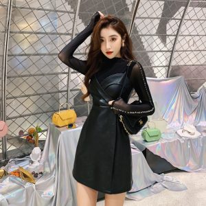 2025 Autumn Winter PU Leather Dress Two Piece Set for Women