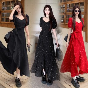 Plus Size Red Polka Dot A-Line Midi Dress with Irregular Hem