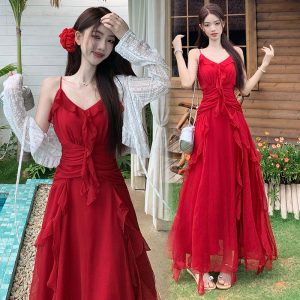 French Retro Plus Size Red Long Dress Two-Piece Set