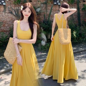 French Tea Break Square Neck Cami Dress Summer A-Line Plus Size Yellow Long Dress
