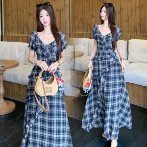 Plaid Short Sleeve Off Shoulder Plus Size A-Line Long Dress