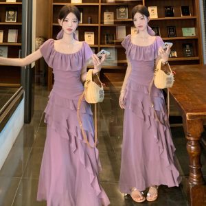 Plus Size Chiffon A-Line Maxi Dress Short Sleeve Round Neck Solid Summer