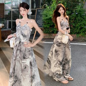 New Chinese Ink Painting V-Neck Plus Size Sleeveless Long Dress for Women Summer 2026 Slimming Pleated Cami Dress