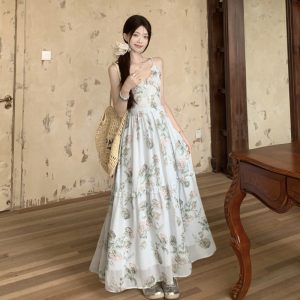 French Romantic Chiffon Floral Plus Size Cami Maxi Dress for Women Summer Beach Vacation