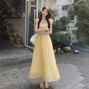 French Square Neck Ruffle Short Sleeve Plus Size A-Line Long Dress