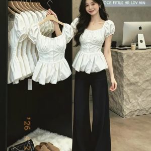 French Black U-Neck Cinched Waist Ruffle Short Sleeve Shirt Women 2026 Summer Unique Beautiful Top