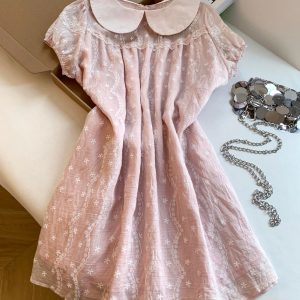 Pink Embroidered Doll Collar Short Sleeve Dress for Women Summer