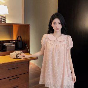 Japanese Sweet Lace Embroidered Doll Collar Dress Women Summer Slimming Short Puff Sleeve Cake Dress