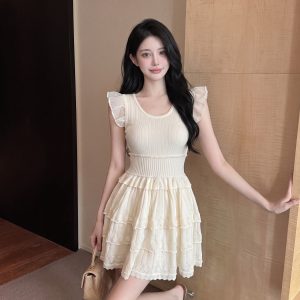 Korean Style Gentle Fly Sleeve Knit Dress Women Summer New Petite Waist Slimming A Line Short Dress