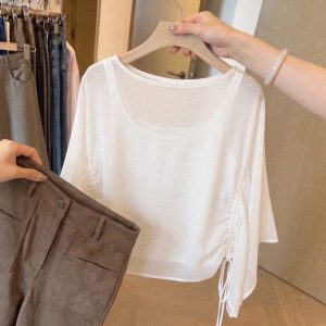 2026 Summer New Light Mature Style White Drawstring Flared Sleeve Loose Slimming Commuter Versatile Top