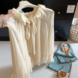 Women's French Petal Collar Tie Shirt 2026 Early Autumn Flared Sleeve Top