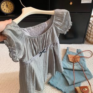 Gray Bow Lace Trim Square Neck Puff Sleeve Women's Summer Blouse