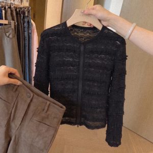 2026 Fall New Black Lace Zip Cardigan Women Long Sleeve Slim Fit High-End Niche Top Round Neck