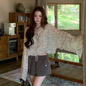 French Apricot Polka Dot V-Neck Tie Long Sleeve Blouse for Women
