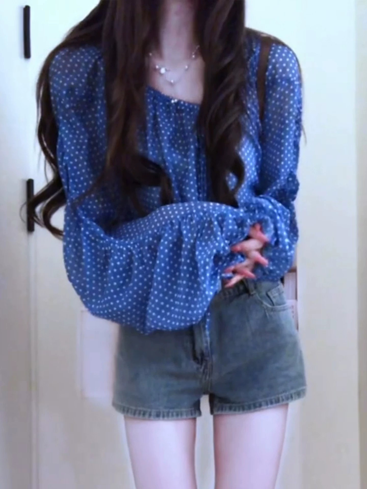 Polka Dot Off-Shoulder Long-Sleeve Chiffon Top for Women 2026 Early Autumn New Slimming Blouse - Image 2