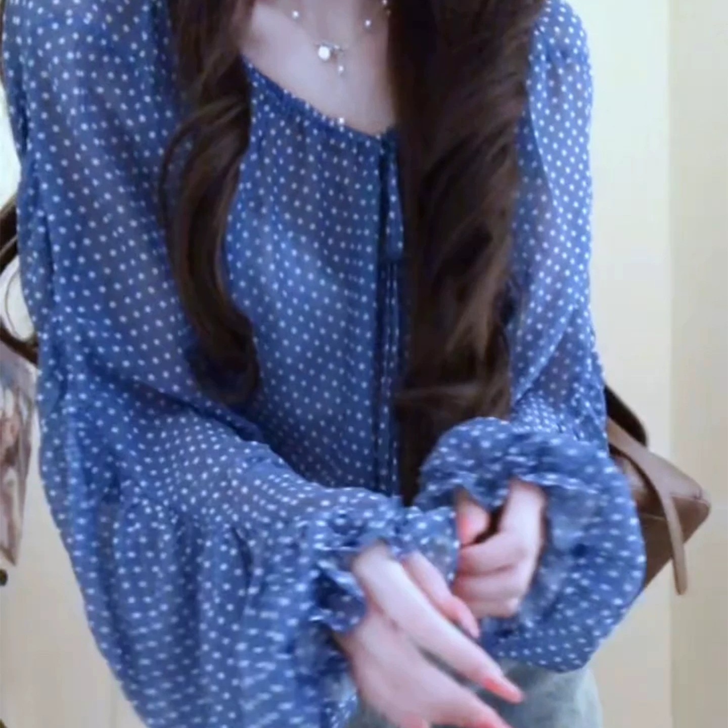 Polka Dot Off-Shoulder Long-Sleeve Chiffon Top for Women 2026 Early Autumn New Slimming Blouse - Image 5