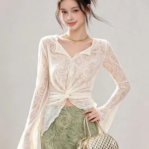 Women's Cross Twist Lace V-Neck Long Sleeve Blouse