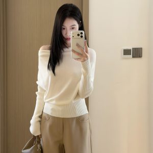 Off-Shoulder Slanted Neck Multi-Way Knit Sweater