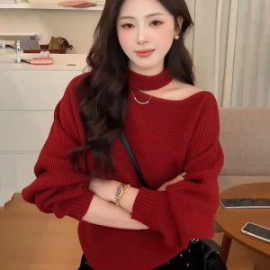 French Style Off-Shoulder Halter Knit Top for Women Fall Winter Base Layer