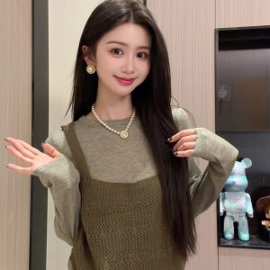 Korean Hollow Knit Cami Two-Piece Layering Top in Solid Gray-Green