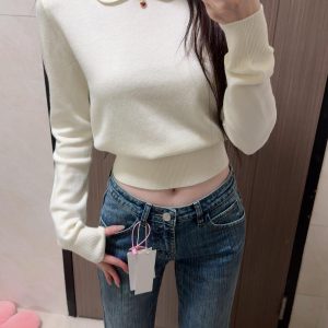 White Doll Collar Long Sleeve Knit Sweater for Women Fall Winter New Versatile Slimming Top